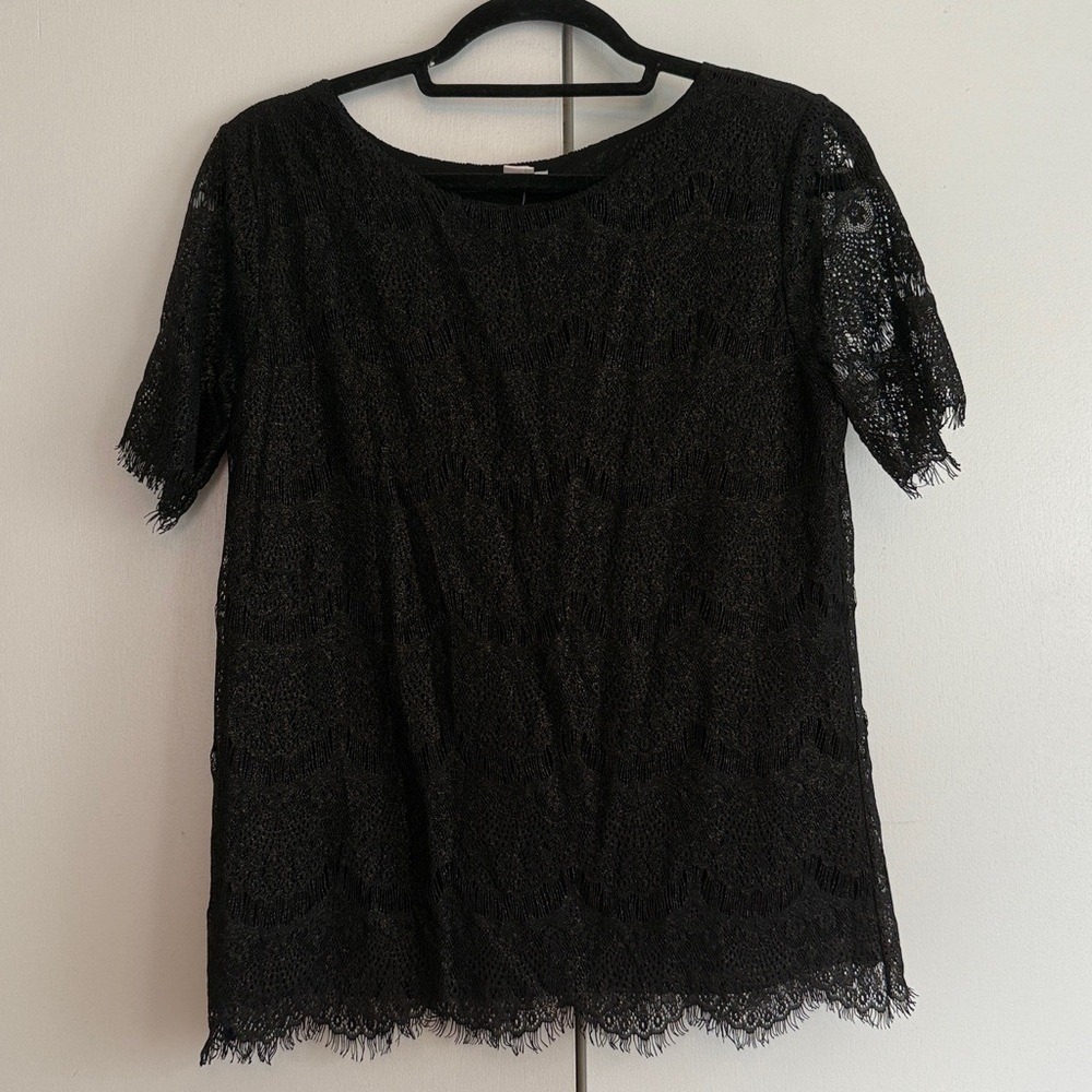 J.‎ Crew Black Lace Sheath Blouse Shirt Top Sparkle Metallic Short Sleeve XS